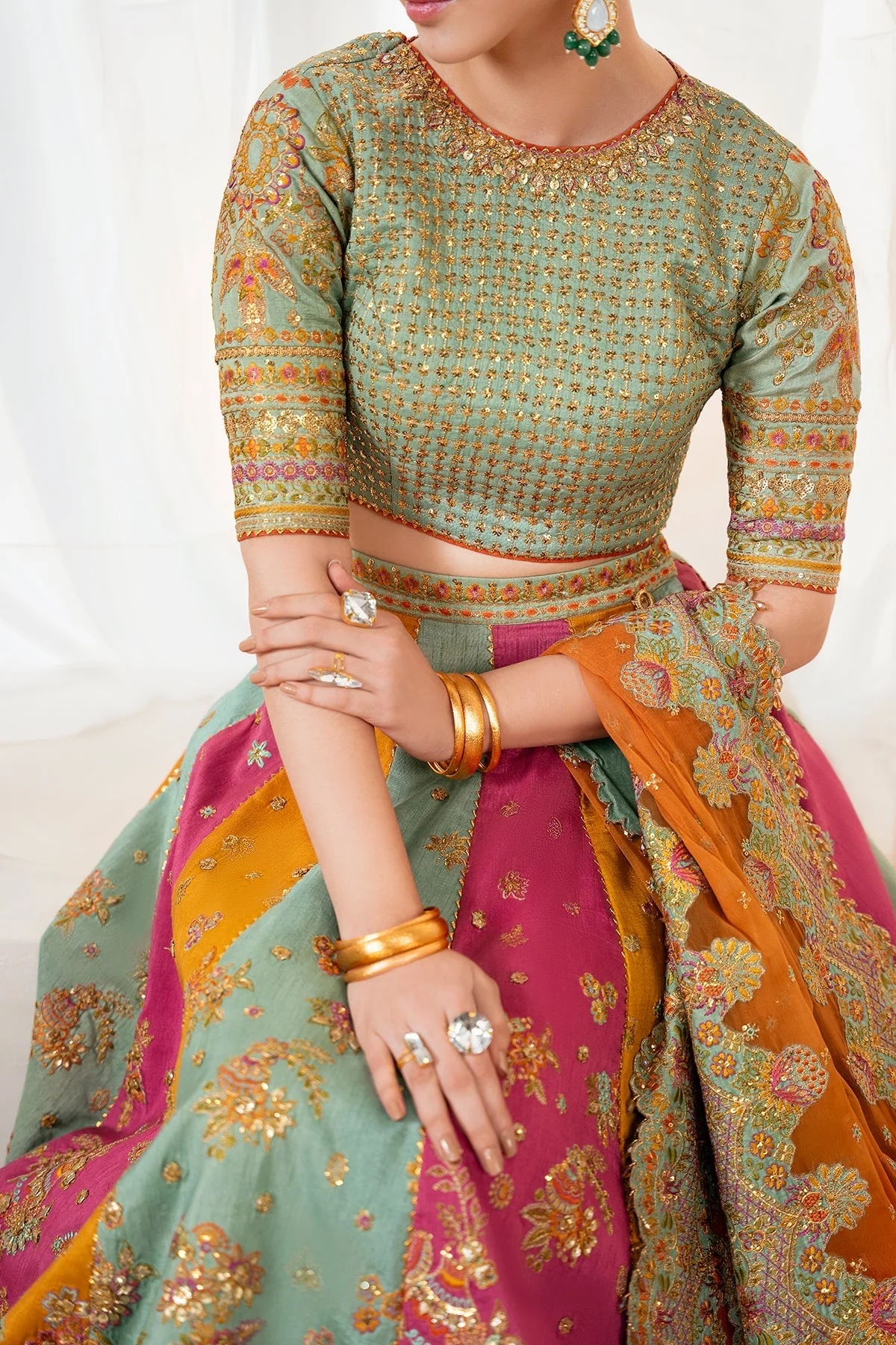 EMBROIDERED SILK pakistani fashion outfit in mustard, pink, aqua…